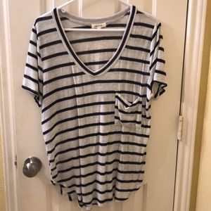 Navy Blue and White Striped V Neck